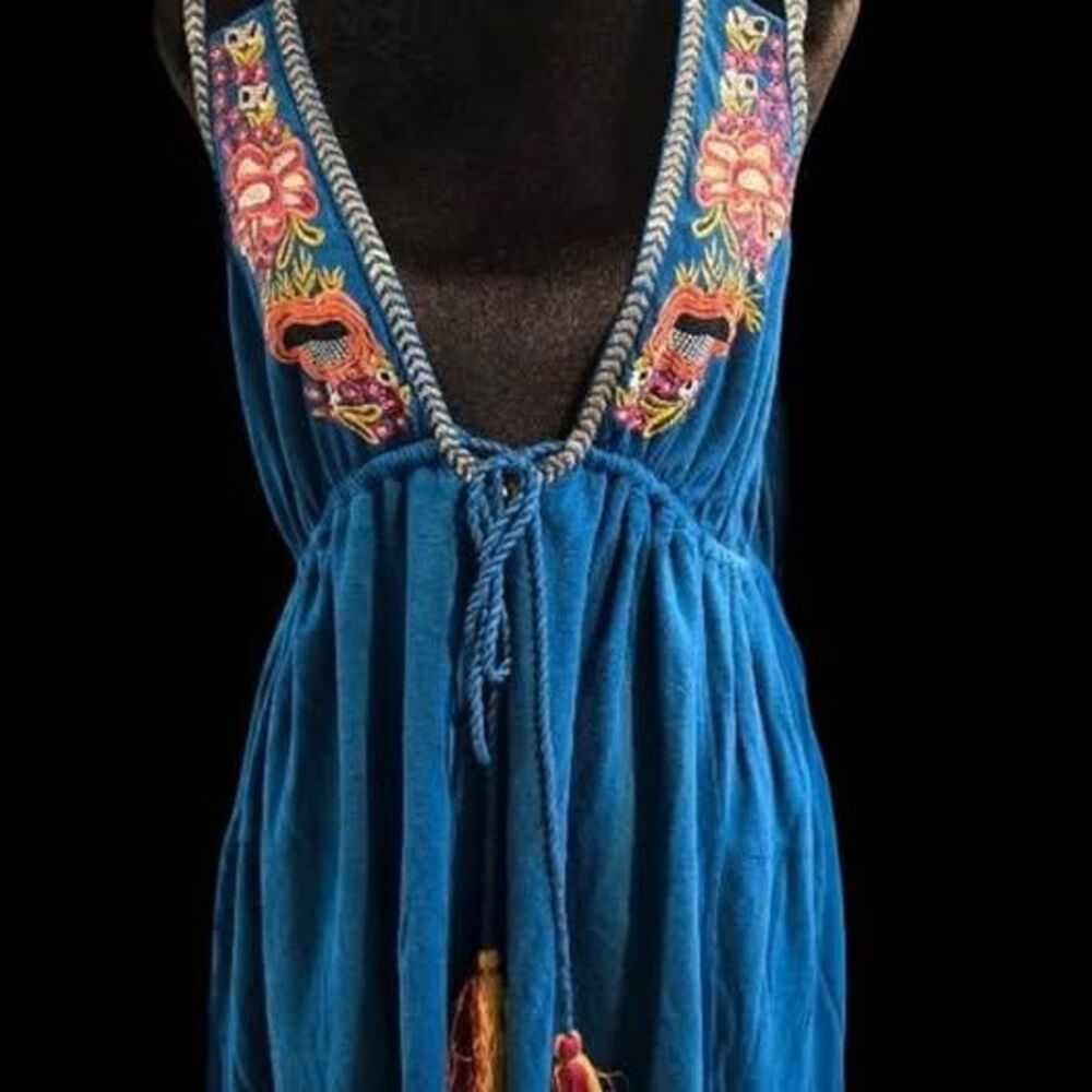 Free People Boho Turquoise Lovers Cove Embroidered Halter Mini Dress L